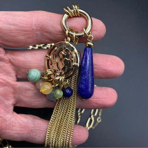 LOFT Long Goldtone Chain Dangle Charms Lapis Lazuli Natural Stones - Picture 3 of 5